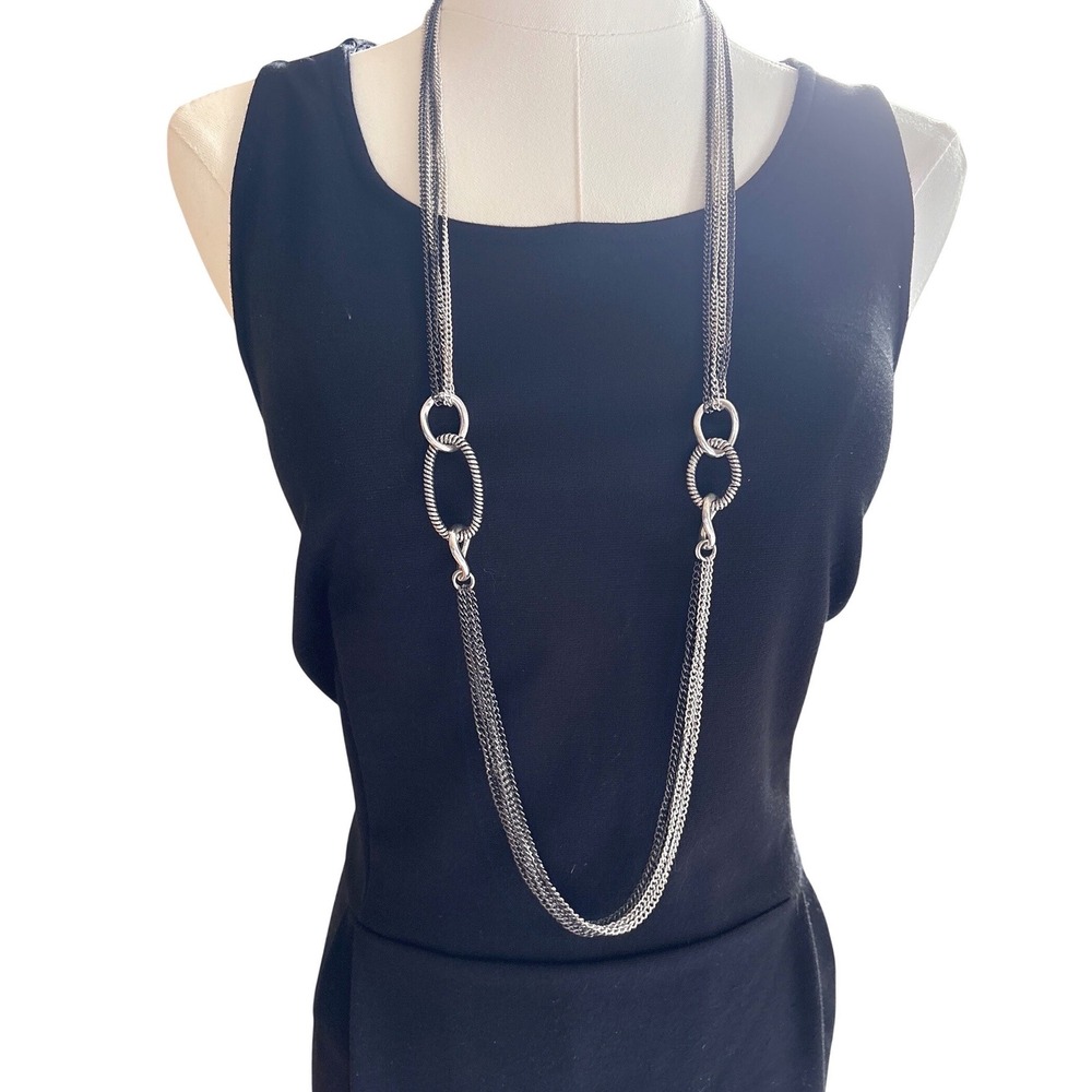Womens Multistrand Mixed Metal Long Necklace Silver Gunmetal Interlocking Rings